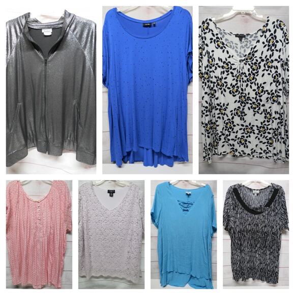 Lot of 7 Plus Size Tops - 22/24 2x 3x - Short Sleeve Blouses + 1 Zip Jacket - Picture 1 of 16
